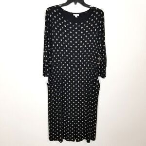 J. Jill Women Plus Black Geometric Printed Rayon Dress Sz 1X Midi 3/4 Sleeve